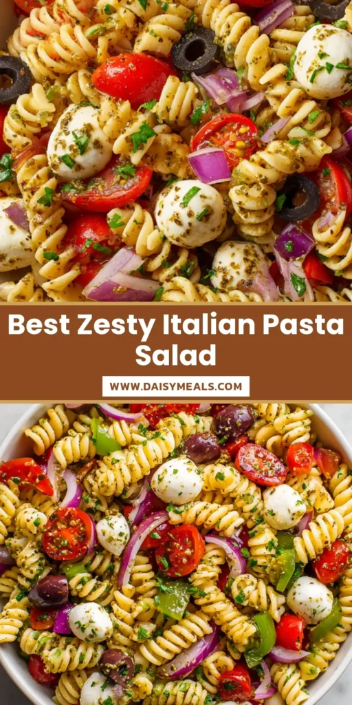 Zesty Italian Pasta Salad with Tricolor Rotini and Mozzarella Pearls 4 Overhead view of a Zesty Italian Pasta Salad with tricolor rotini, mozzarella pearls, and a glossy herb dressing in a white bowl.