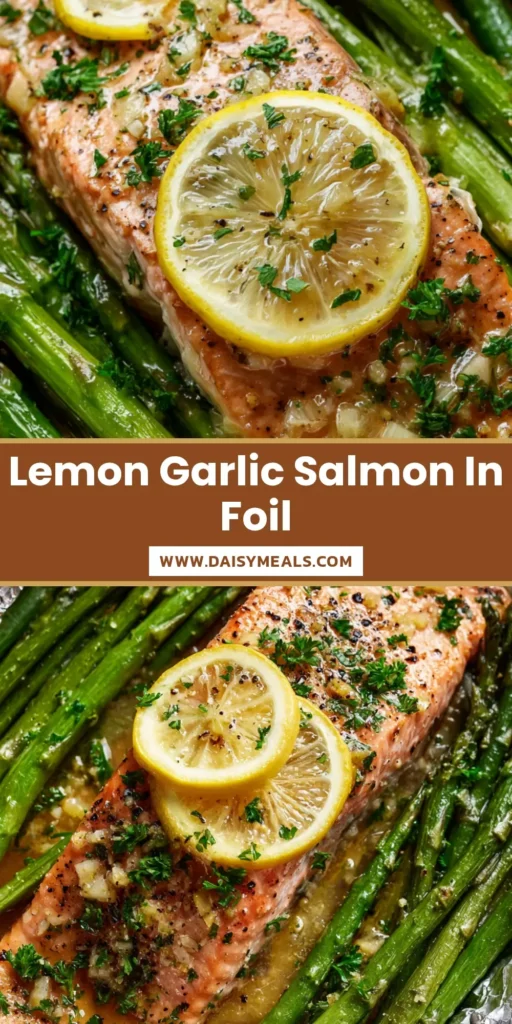 Baked Salmon in Foil with Garlic Butter and Asparagus 4 A thick baked pink salmon fillet resting on green asparagus spears inside an open shiny aluminum foil packet. (baked salmon in foil)