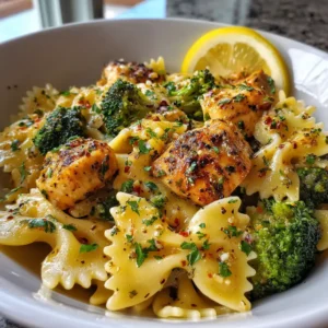 Close-up of golden-brown chicken breast chunks and farfalle pasta in a rich yellow Cowboy Butter Lemon Chicken sauce.
