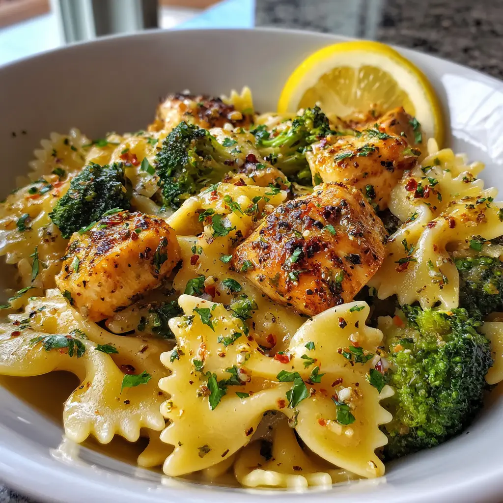 Close-up of golden-brown chicken breast chunks and farfalle pasta in a rich yellow Cowboy Butter Lemon Chicken sauce.