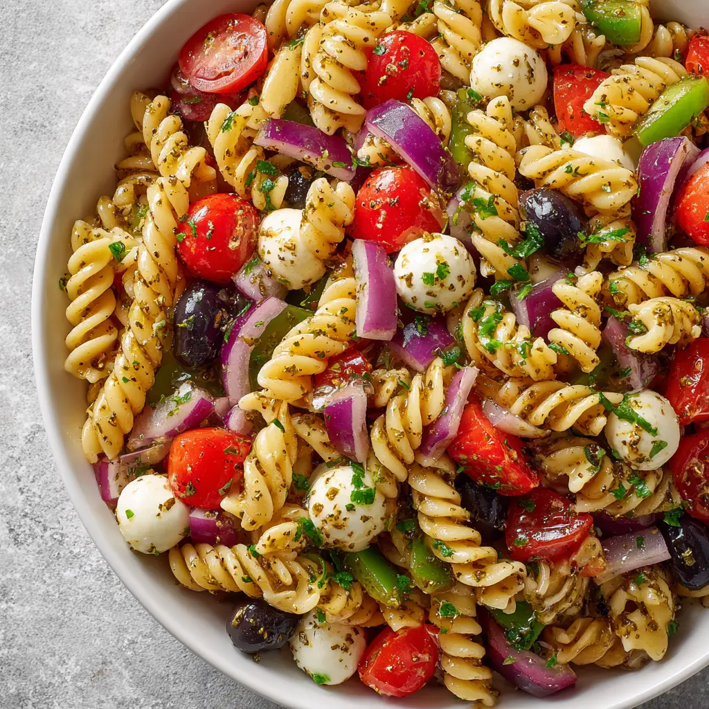 Zesty Italian Pasta Salad with Tricolor Rotini and Mozzarella Pearls 2 Close-up of tricolor rotini pasta salad with halved cherry tomatoes and mozzarella pearls coated in a golden Italian vinaigrette.