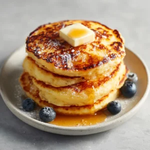 Side view of three thick golden-brown Keto Coconut Flour Pancakes with syrup drizzle and blueberries.