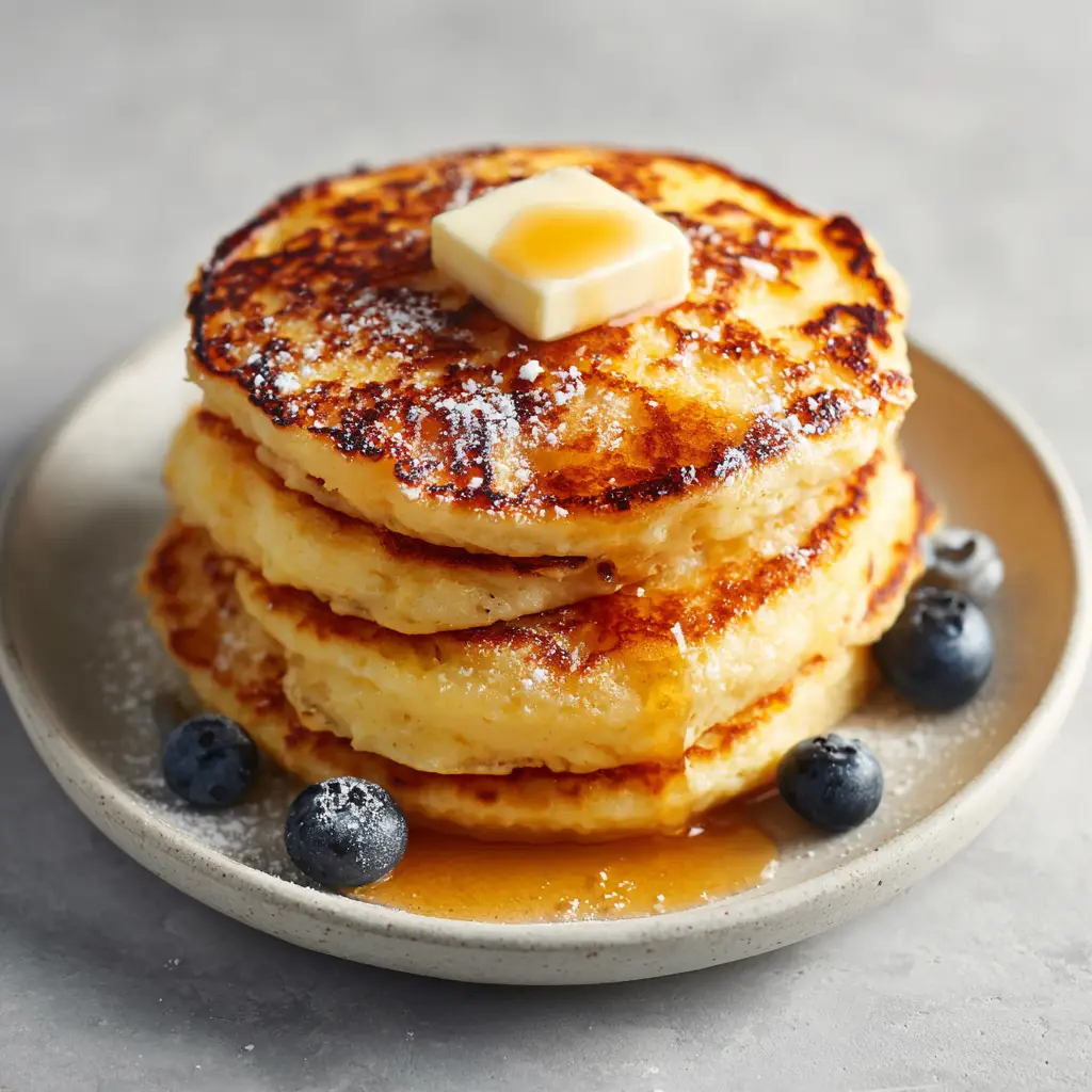 Side view of three thick golden-brown Keto Coconut Flour Pancakes with syrup drizzle and blueberries.