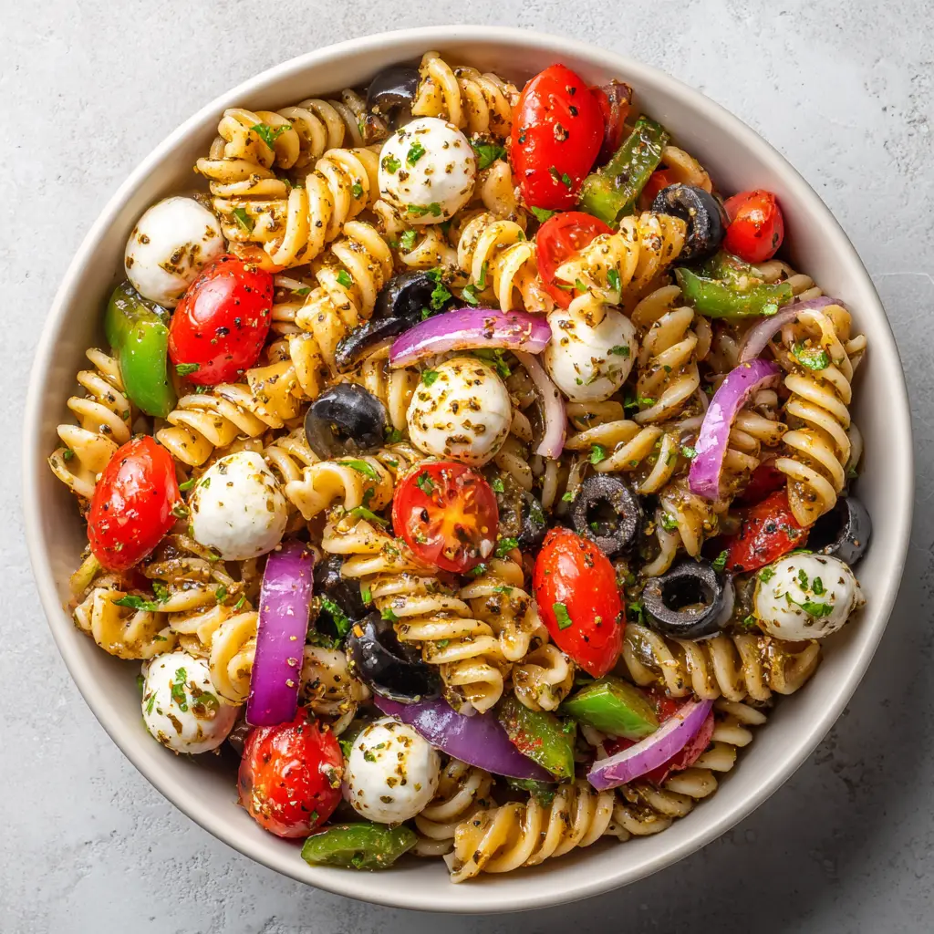 Zesty Italian Pasta Salad with Tricolor Rotini and Mozzarella Pearls 1 Zesty Italian Pasta Salad with bell peppers and black olives, featuring a glossy dressing and dried oregano speckles.