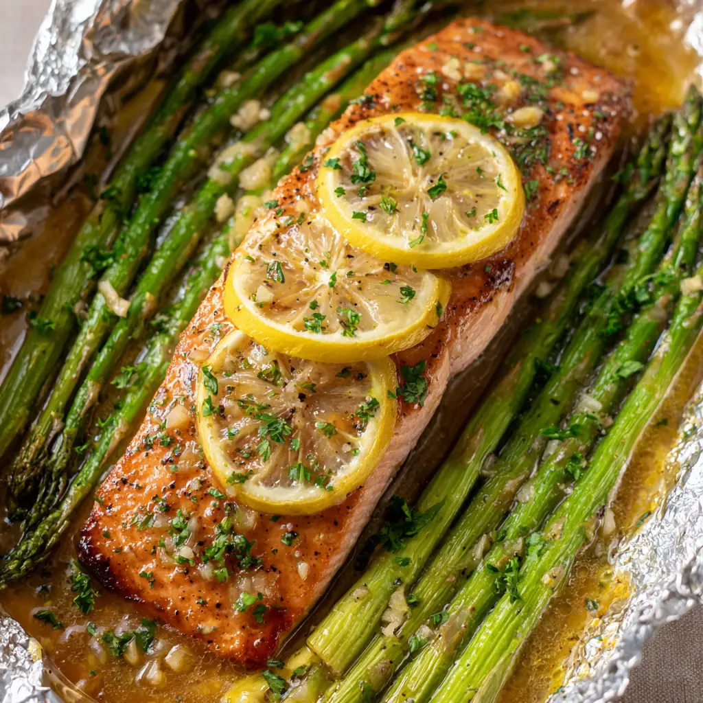 Baked Salmon in Foil with Garlic Butter and Asparagus 1 Golden garlic bits and fresh parsley on top of a baked pink salmon fillet in foil.