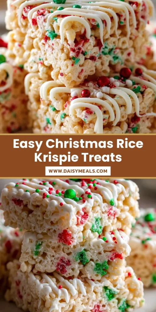 Christmas Rice Krispie Treats: The Ultimate Gooey Holiday Snack 4 A stack of thick, square-cut Christmas Rice Krispie Treats on a white plate with red and green sprinkles and white chocolate drizzle.