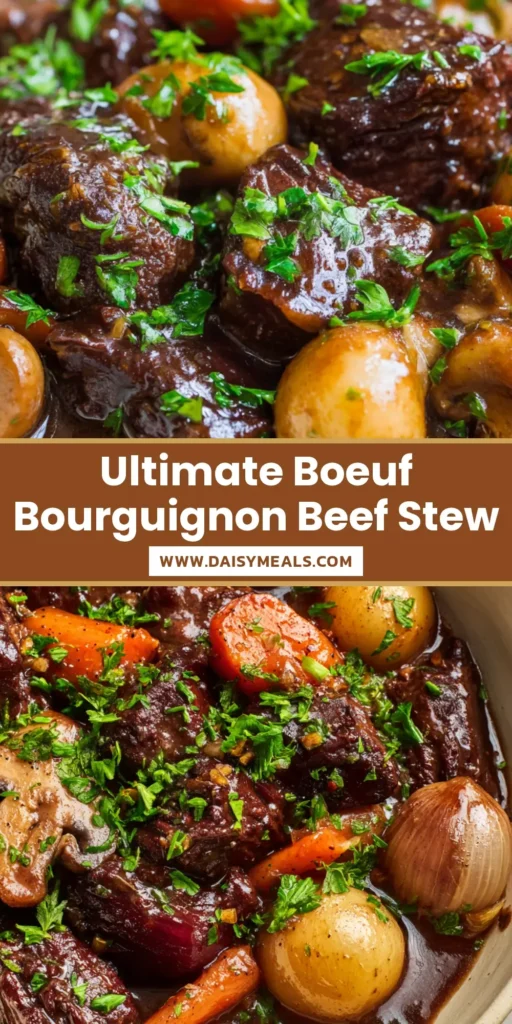 Boeuf Bourguignon: The Ultimate Guide to the Richest Dark Red Wine Stew 4 A close-up vertical shot of Boeuf Bourguignon in a cream bowl, featuring thick burgundy sauce, beef chunks, and parsley.