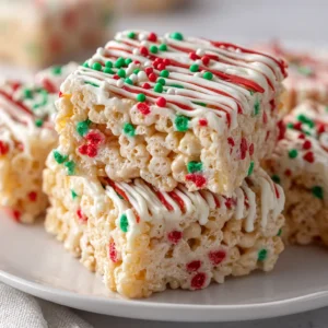 Close-up of gooey Christmas Rice Krispie Treats showing the marshmallow texture and holiday sprinkle details.