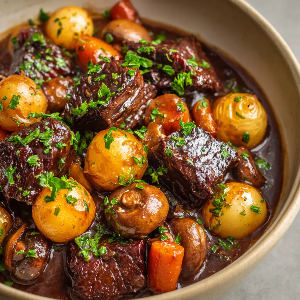 Close-up of Boeuf Bourguignon beef chunks and whole pearl onions coated in dark red wine sauce.