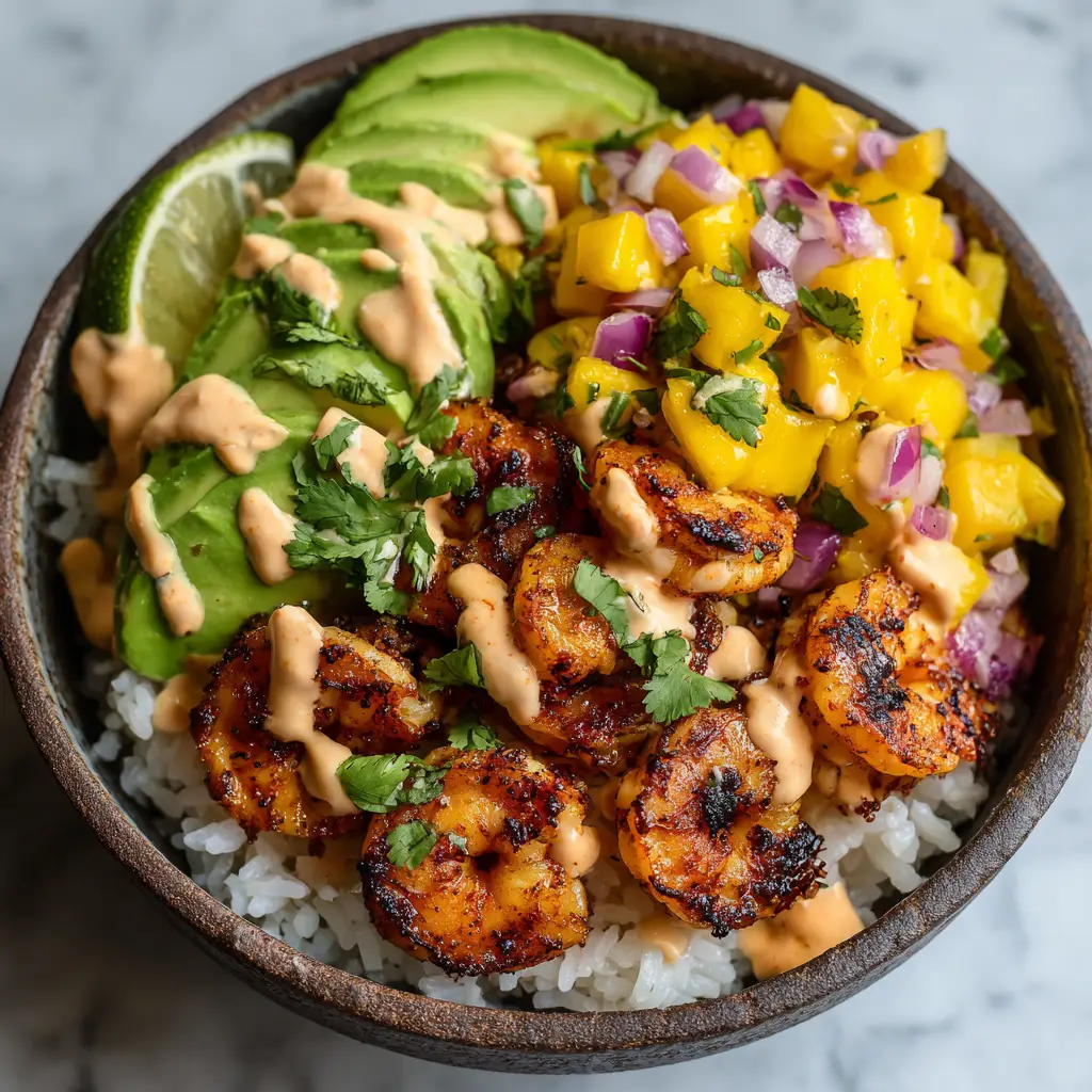 Top down view of Shrimp and Avocado Bowls showcasing the creamy pale-orange lime-chili sauce drizzle.