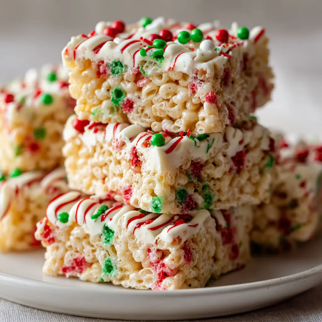 Christmas Rice Krispie Treats: The Ultimate Gooey Holiday Snack 1 Stacked Christmas Rice Krispie Treats with white chocolate zigzag drizzle on a ceramic plate.