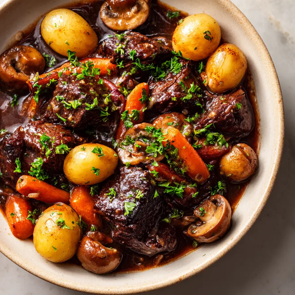 Boeuf Bourguignon: The Ultimate Guide to the Richest Dark Red Wine Stew 1 Rustic cream bowl filled with Boeuf Bourguignon showing orange diagonal carrots and fresh parsley garnish.