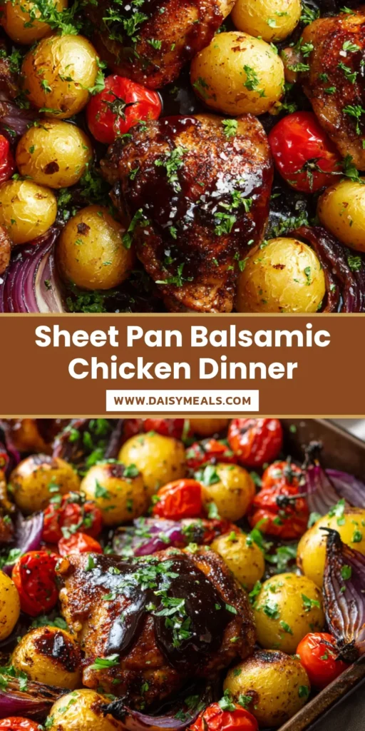 A dark metal sheet pan featuring roasted Sheet Pan Balsamic Chicken with crispy potatoes and blistered tomatoes.
