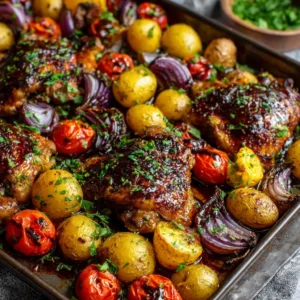 Close-up of roasted golden-brown chicken thighs with glossy dark balsamic glaze and charred red onions. (Sheet Pan Balsamic Chicken)