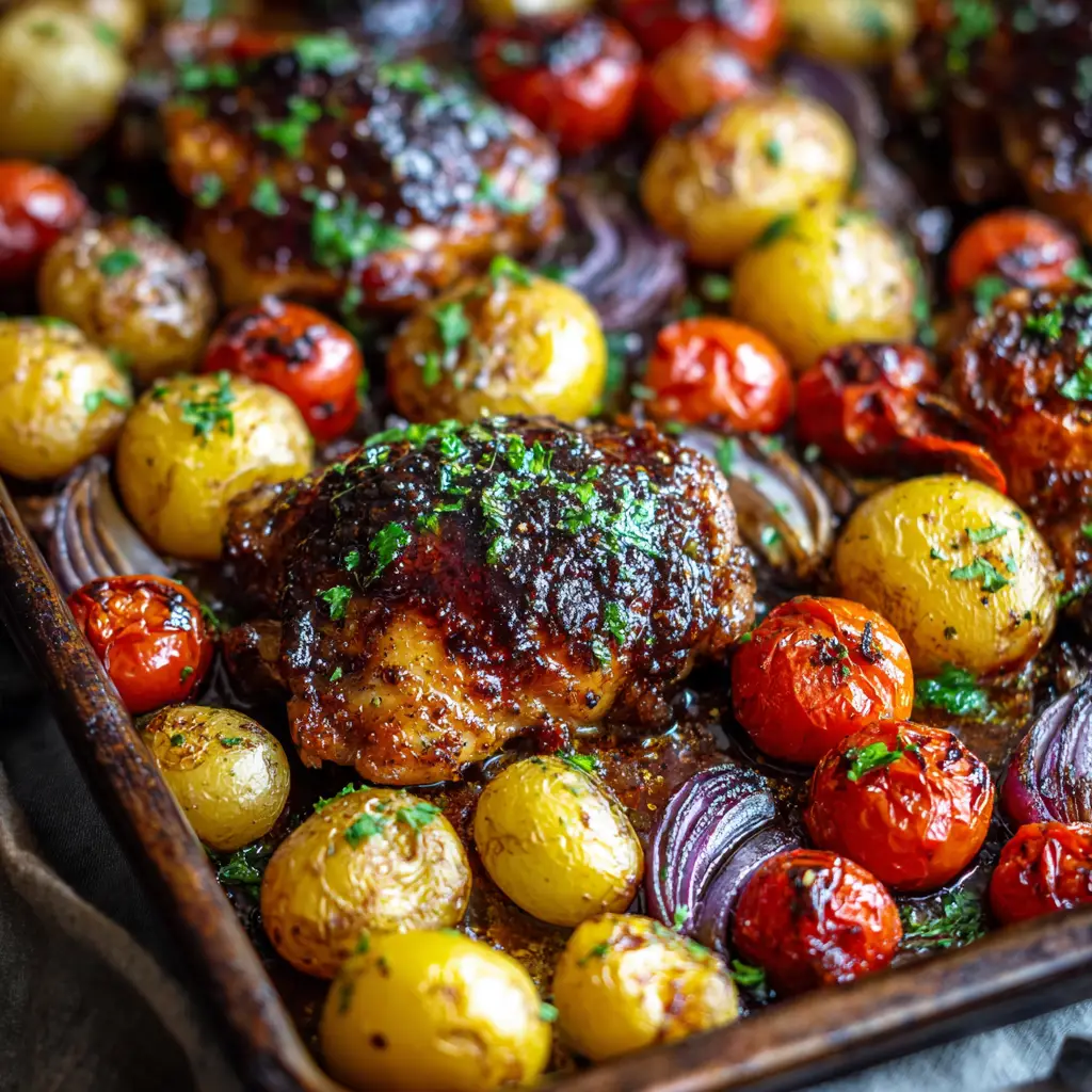Overhead view of a dark metal pan with Sheet Pan Balsamic Chicken, crispy potatoes, and wrinkled cherry tomatoes.