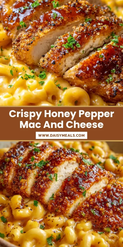 Honey Pepper Chicken Mac and Cheese: The Ultimate Sweet and Spicy Comfort Food 3 A rustic bowl of Honey Pepper Chicken Mac and Cheese with golden fried chicken strips and glossy amber glaze.