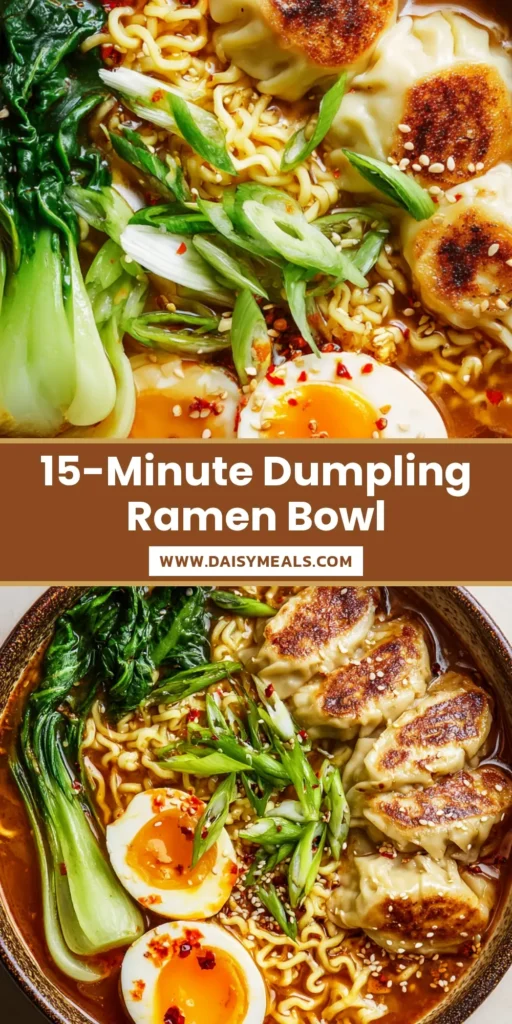 Dumpling Ramen Bowl: The Ultimate Comforting Noodle Soup with Crispy Potstickers 4 A steaming Dumpling Ramen Bowl featuring four pan-fried dumplings with golden-brown bottoms, a halved soft-boiled egg with a gooey orange yolk, and bright green bok choy in a rich amber broth.