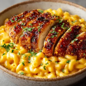 Close up of velvety yellow orange macaroni topped with crispy honey pepper chicken and parsley. (Honey Pepper Chicken Mac and Cheese)