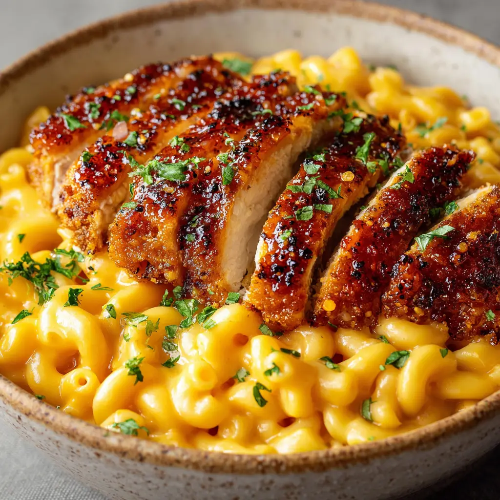 Honey Pepper Chicken Mac and Cheese: The Ultimate Sweet and Spicy Comfort Food 2 Close up of velvety yellow orange macaroni topped with crispy honey pepper chicken and parsley. (Honey Pepper Chicken Mac and Cheese)