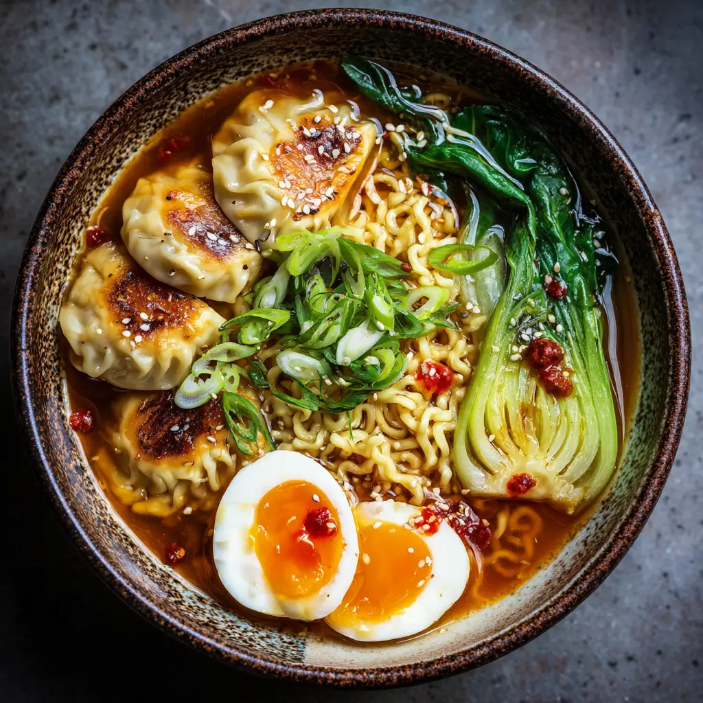 Top-down view of a Dumpling Ramen Bowl in a speckled ceramic dish with wavy yellow noodles and red chili oil droplets.