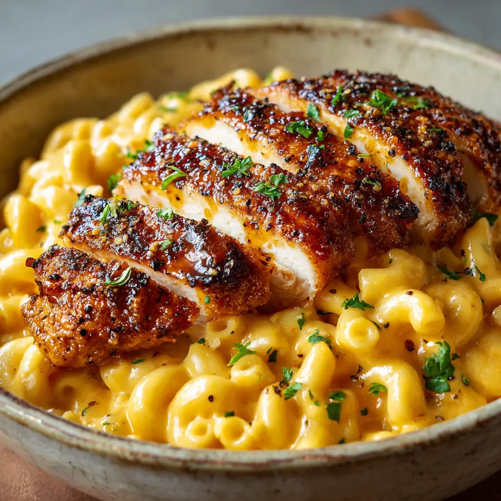 Honey Pepper Chicken Mac and Cheese: The Ultimate Sweet and Spicy Comfort Food 1 Side view of honey pepper chicken mac and cheese showing the creamy cheese sauce texture.