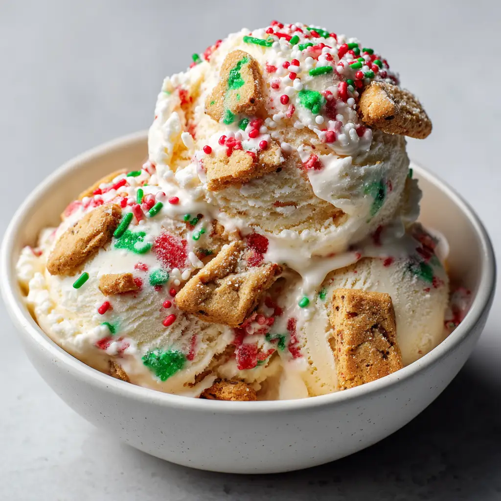 Christmas Cookie Ice Cream: The Ultimate Festive Holiday Scoop 1 Close up of melting Christmas Cookie Ice Cream with festive round sprinkles and cookie pieces.