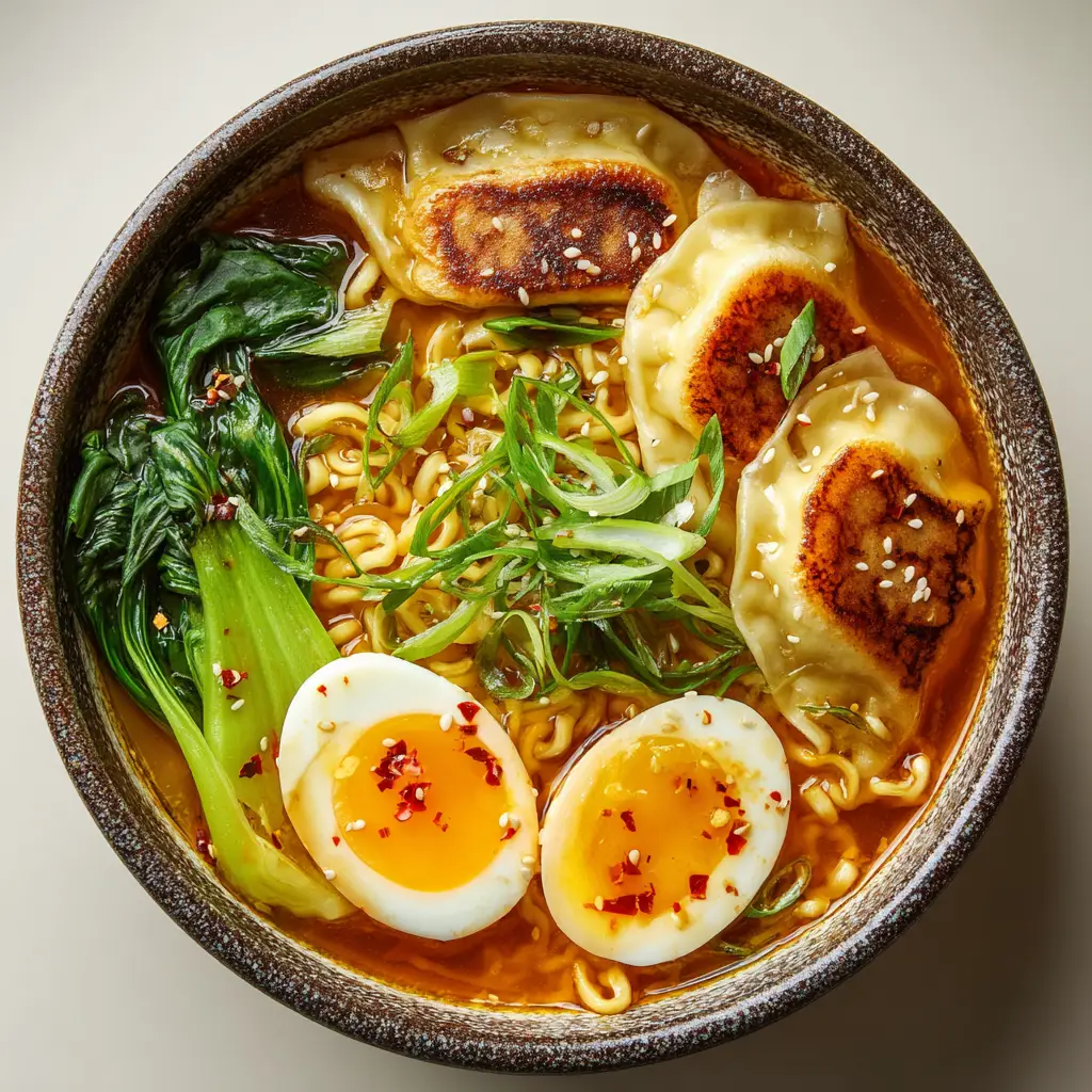 Dumpling Ramen Bowl: The Ultimate Comforting Noodle Soup with Crispy Potstickers 1 Close up of crispy pan-fried dumplings and a soft-boiled egg in a savory ramen bowl garnish with sesame seeds.