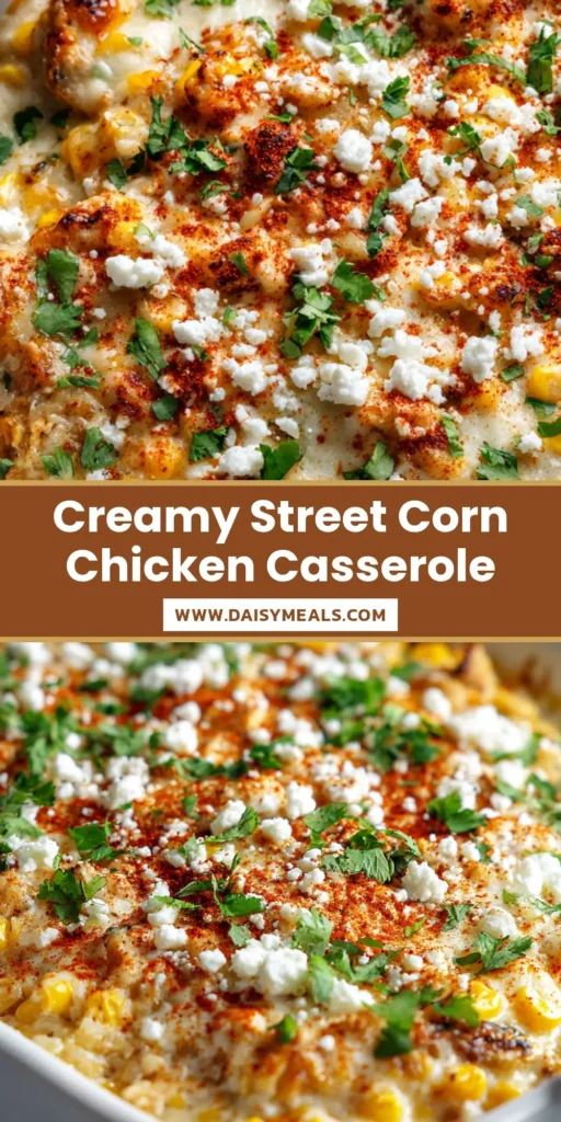 Street Corn Chicken Casserole: A Bubbly, Charred, and Cheesy Masterpiece 4 A bubbling Street Corn Chicken Casserole in a white ceramic dish featuring golden cheese, charred corn, and fresh cilantro garnish.