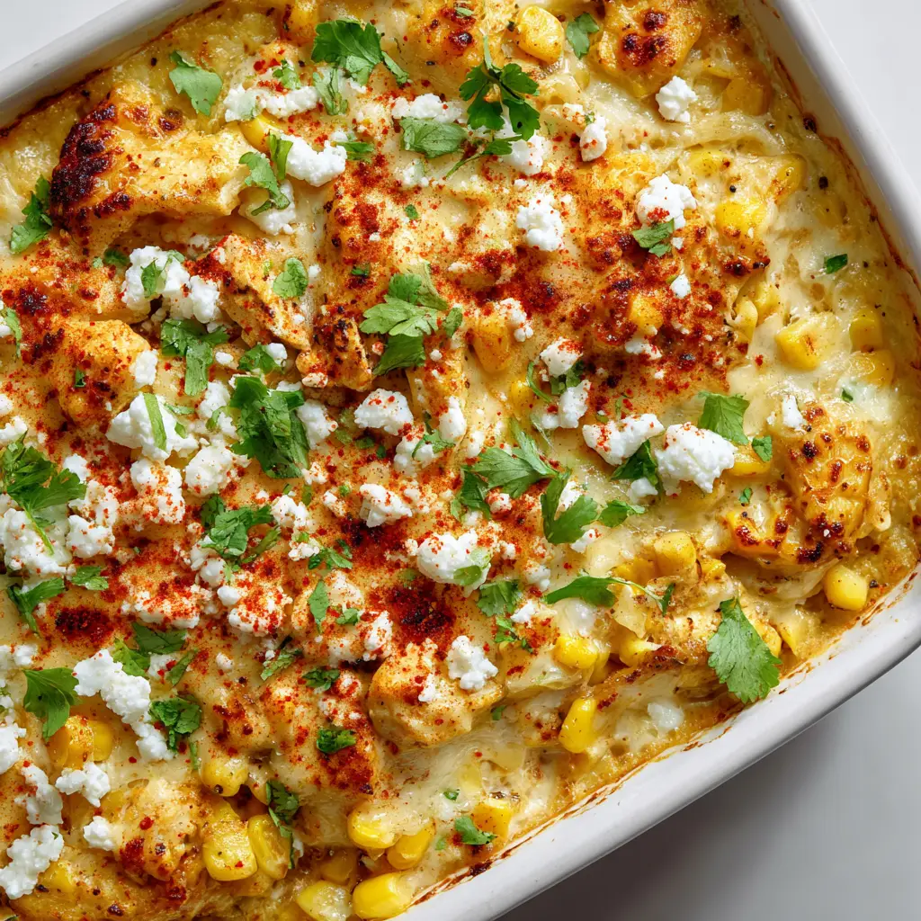 Street Corn Chicken Casserole: A Bubbly, Charred, and Cheesy Masterpiece 2 Close-up of Street Corn Chicken Casserole showing the creamy white sauce and golden-brown melted cheese topping.