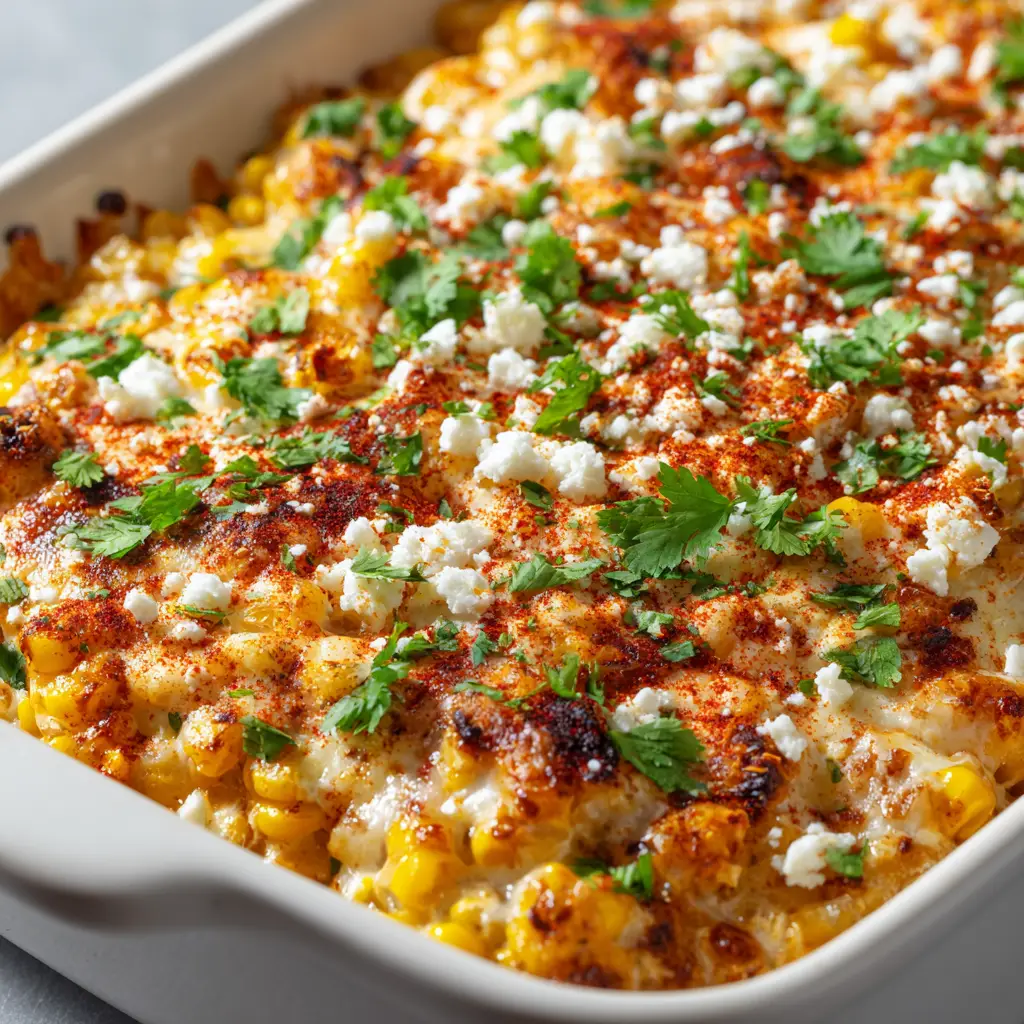 Street Corn Chicken Casserole: A Bubbly, Charred, and Cheesy Masterpiece 1 Overhead shot of freshly baked Street Corn Chicken Casserole garnished with cotija cheese and red chili powder.