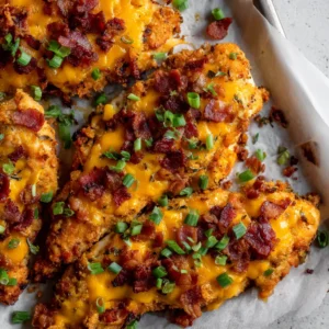 Close up shot of bubbly melted orange cheddar and crispy dark red bacon bits on Keto Crack Chicken Tenders.