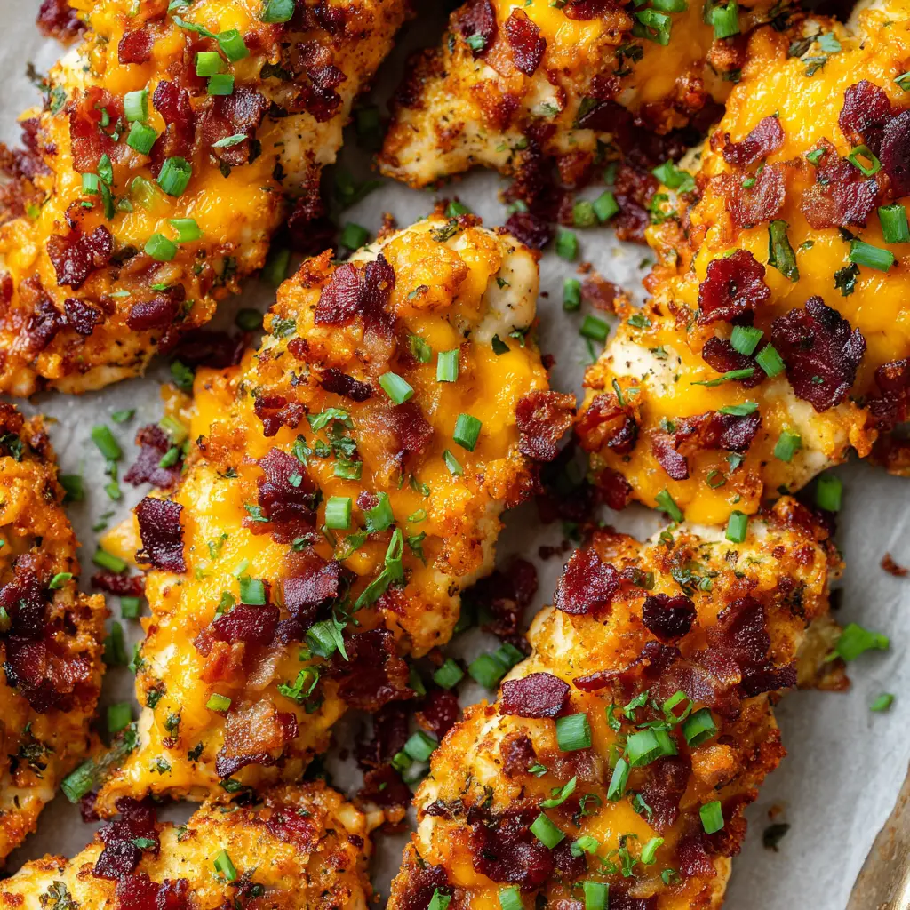 Keto Crack Chicken Tenders: The Ultimate Cheesy Bacon Ranch Sheet Pan Dinner 1 Fresh green onions scattered over baked Keto Crack Chicken Tenders on a grey background.