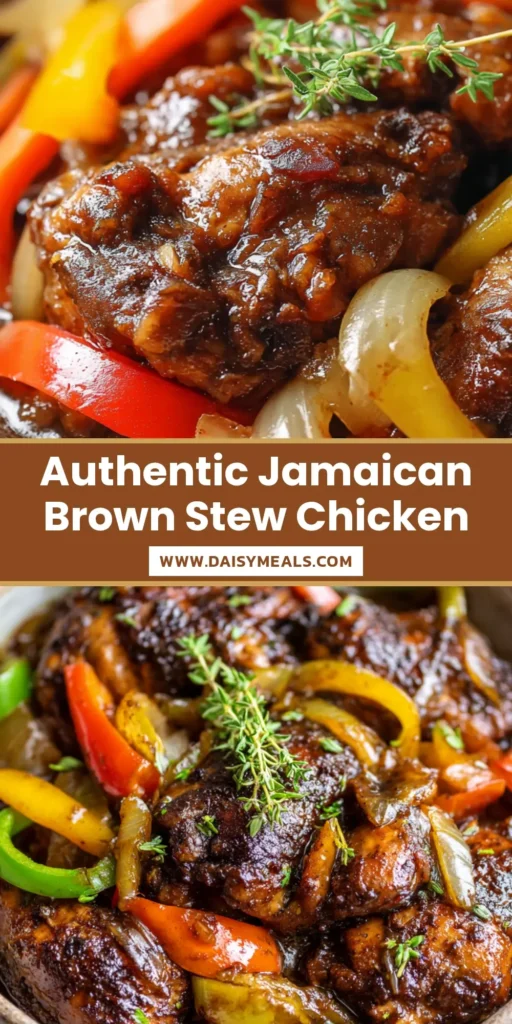 A rustic ceramic bowl filled with Jamaican Brown Stew Chicken, featuring dark mahogany gravy, carrots, and bell peppers garnished with thyme.