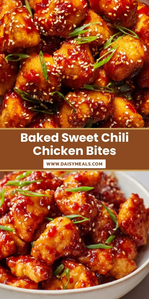 Sweet Chili Chicken Bites: The Ultimate Sticky, Baked Appetizer Recipe 4 A shallow white bowl filled with glossy, reddish-orange Sweet Chili Chicken Bites topped with sesame seeds and green scallions.
