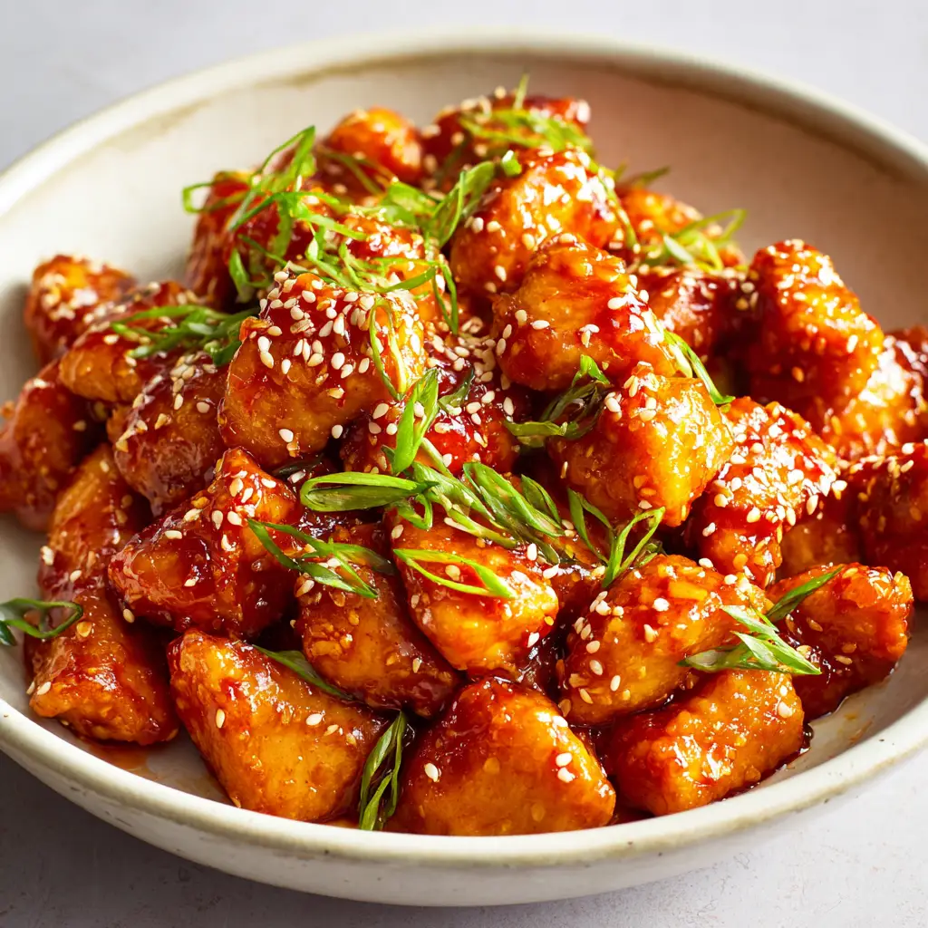 Sweet Chili Chicken Bites: The Ultimate Sticky, Baked Appetizer Recipe 2 Close-up of golden-brown baked chicken chunks coated in thick sweet chili sauce. (Sweet Chili Chicken Bites)
