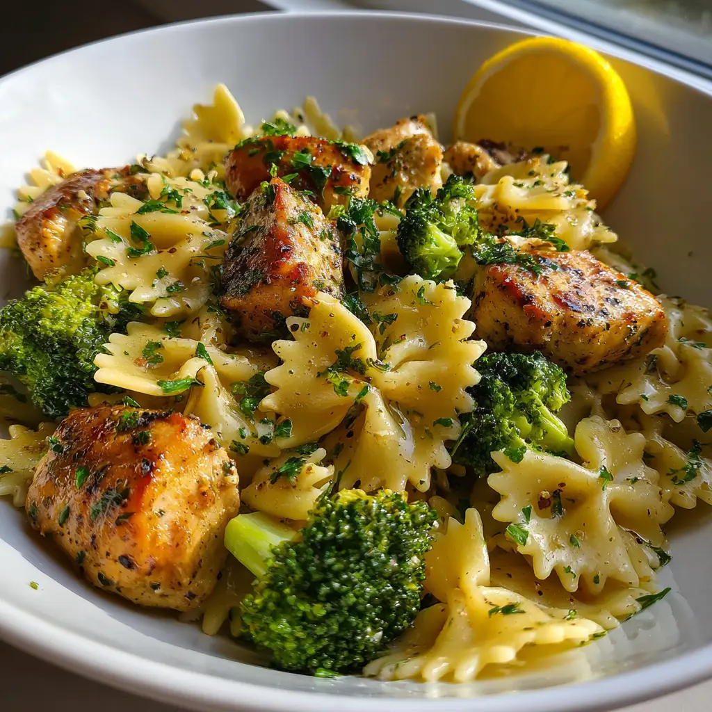 Steamed bright green broccoli florets mixed with pasta and Cowboy Butter Lemon Chicken sauce in a white bowl.