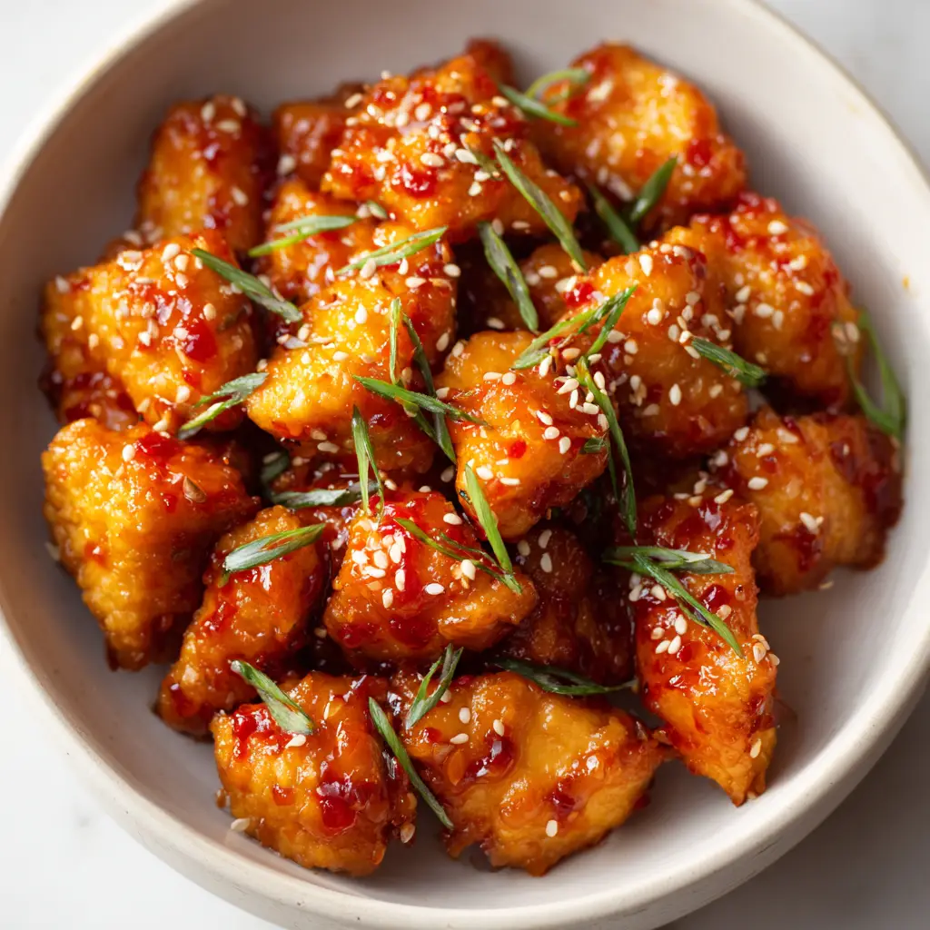 Sweet Chili Chicken Bites: The Ultimate Sticky, Baked Appetizer Recipe 1 Sweet Chili Chicken Bites piled in a white bowl showing the contrast of green scallions and white sesame seeds.