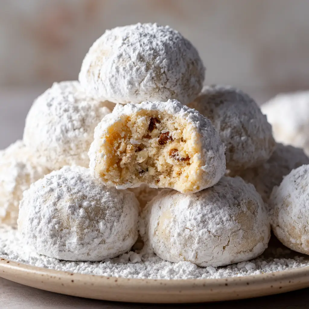 Mexican Wedding Cookies: The Ultimate Buttery Nut Shortbread Recipe 2 Close-up shot of Mexican Wedding Cookies showing the thick powdered sugar coating and a broken cookie revealing chopped nuts inside.