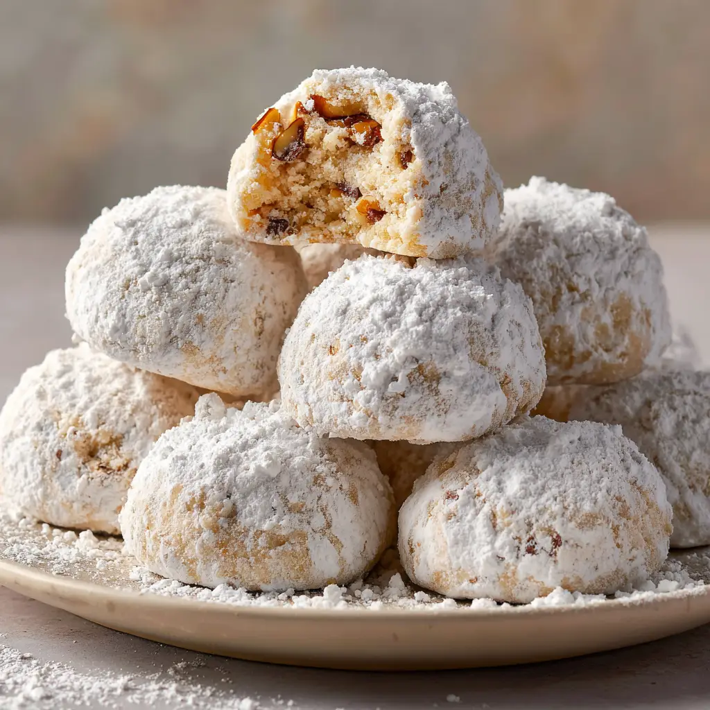 Mexican Wedding Cookies: The Ultimate Buttery Nut Shortbread Recipe 1 Overhead view of bite-sized snowball cookies on a neutral ceramic plate with soft natural lighting.