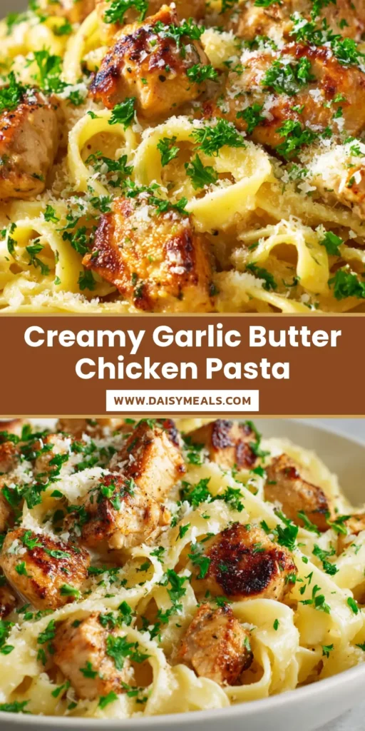 Garlic Butter Chicken Pasta with Creamy Parmesan Fettuccine 4 A wide shallow bowl of Garlic Butter Chicken Pasta with golden seared chicken and fresh parsley garnish.