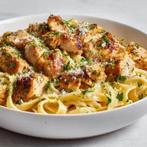 Close up of glossy garlic butter sauce on fettuccine with seared chicken chunks. (Garlic Butter Chicken Pasta)