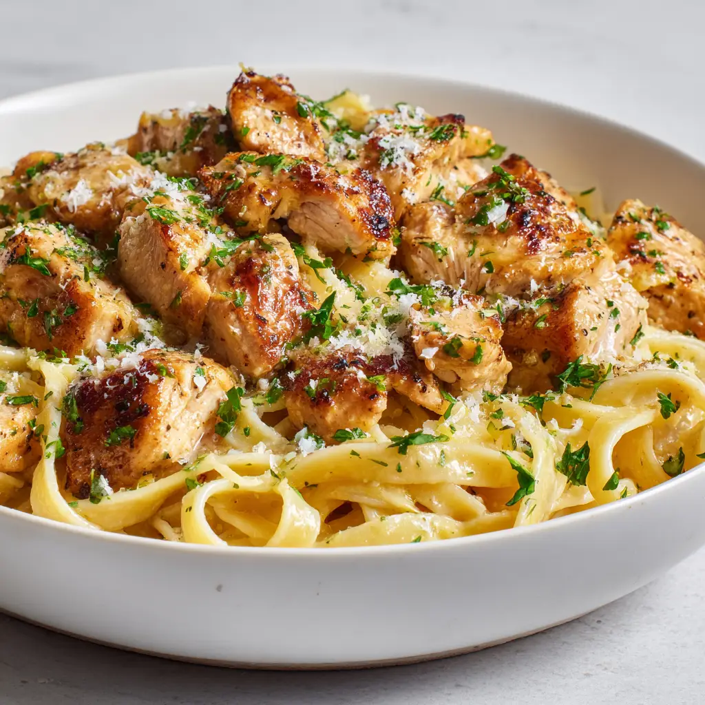 Garlic Butter Chicken Pasta with Creamy Parmesan Fettuccine 2 Close up of glossy garlic butter sauce on fettuccine with seared chicken chunks. (Garlic Butter Chicken Pasta)