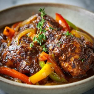 Close-up of deeply browned chicken pieces coated in a rich, glossy dark mahogany-brown gravy with sliced carrots. (Jamaican Brown Stew Chicken)