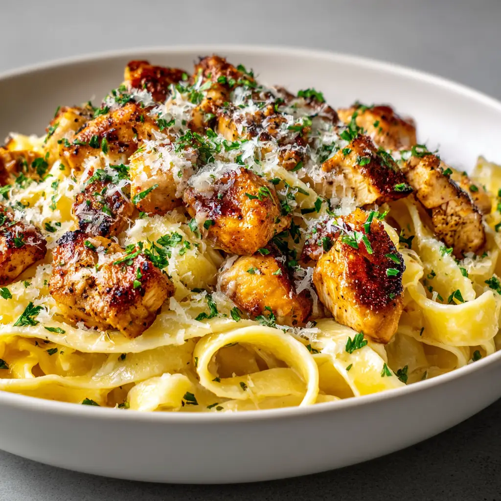 Garlic Butter Chicken Pasta with Creamy Parmesan Fettuccine 1 Handheld smartphone photo of Garlic Butter Chicken Pasta in a white ceramic bowl.