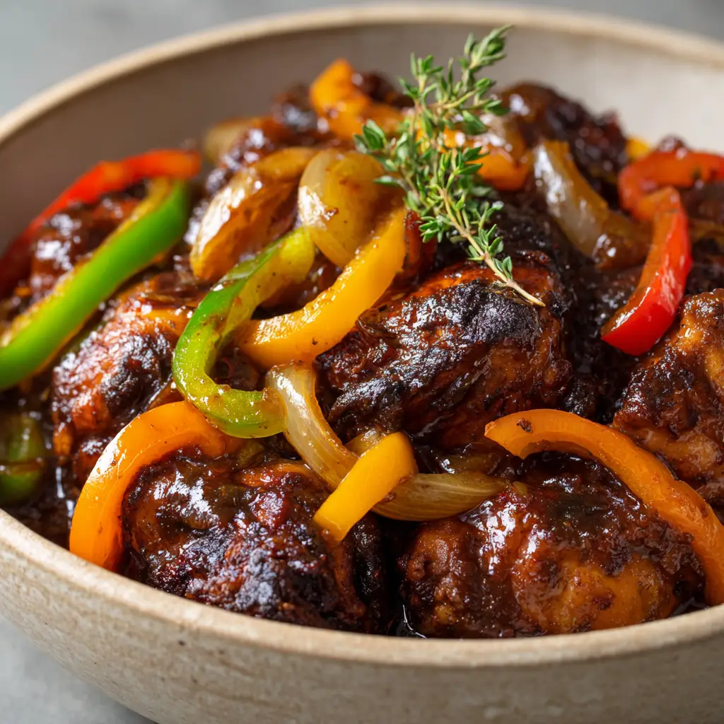 Sautéed green and red bell pepper strips and carrots in a dark brown stew base. (Jamaican Brown Stew Chicken)