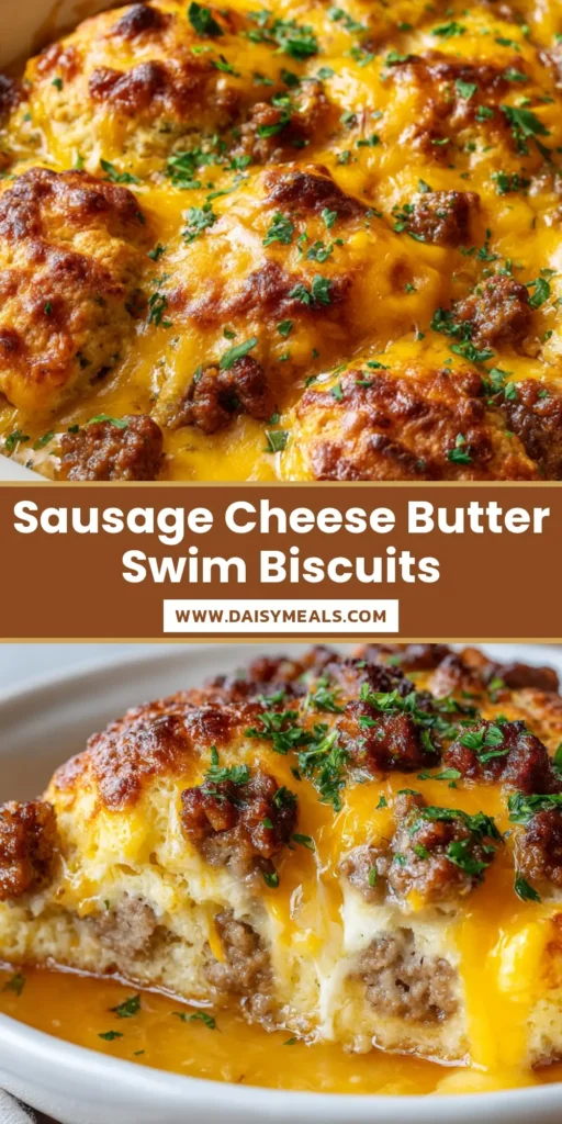 A close-up shot of Sausage Butter Swim Biscuits in a white ceramic dish, topped with melted cheddar, browned sausage crumbles, and fresh parsley.