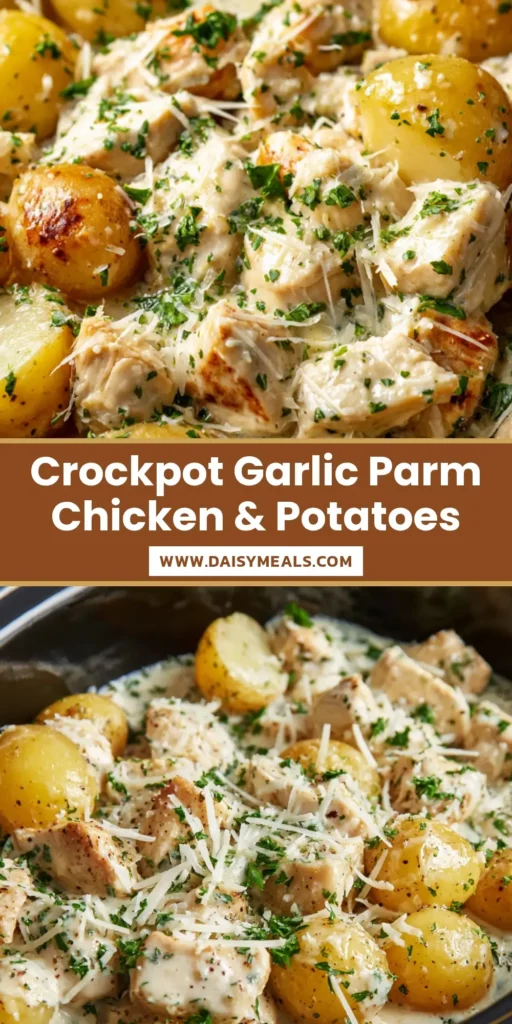A close-up vertical view of Crockpot Garlic Parmesan Chicken showing creamy sauce and melted cheese strands.
