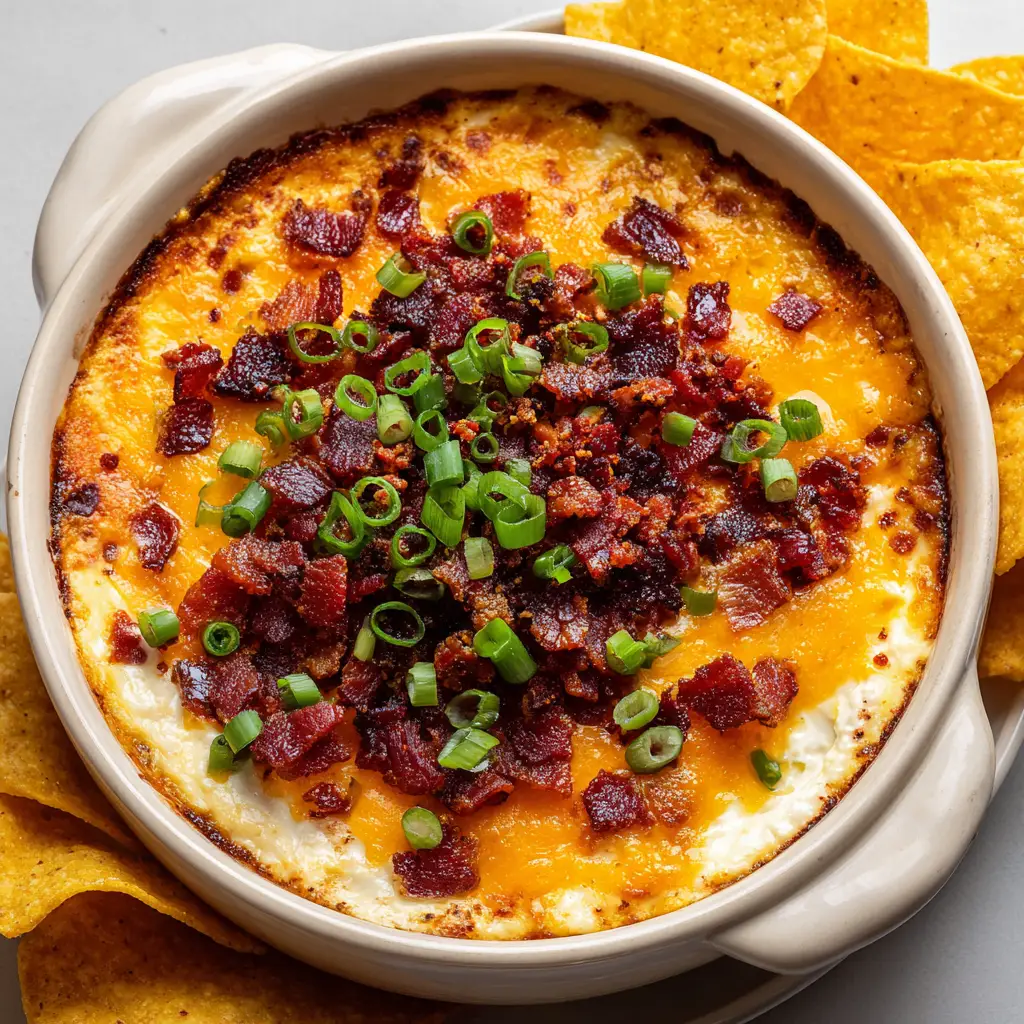 Hissy Fit Dip Recipe: The Ultimate Creamy Baked Bacon and Cheddar Party Favorite 2 A close up shot of a warm baked Hissy Fit Dip served in a white ceramic baking dish with yellow corn tortilla chips. (Hissy Fit Dip)