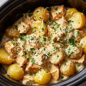 Close-up of cubed chicken and gold potatoes in a creamy garlic sauce inside a black Crockpot insert.