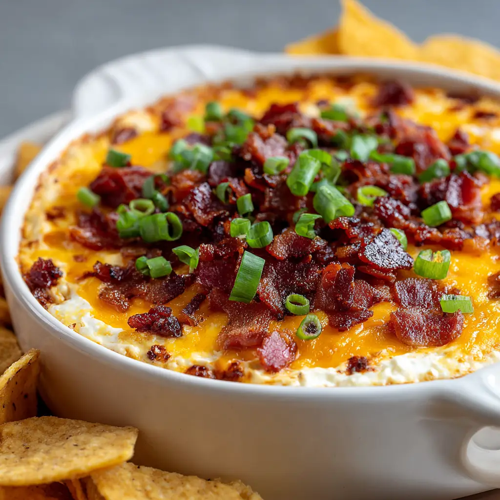 Hissy Fit Dip Recipe: The Ultimate Creamy Baked Bacon and Cheddar Party Favorite 1 A handheld smartphone photo of a melty cheese dip topped with bacon and green onions. (Hissy Fit Dip)